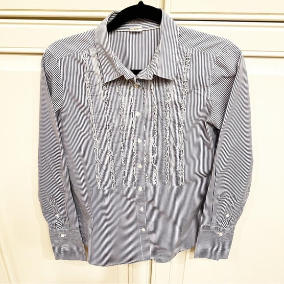 J.Crew Women’s Blue Striped Preppy Tuxedo Ruffle Front Button Down Shirt Blouse - Picture 1 of 5